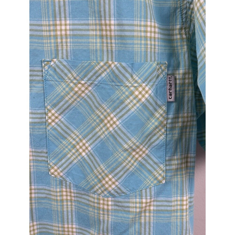 Carhartt Men's Plaid Cotton Button-Up Shirt Blue Yellow Short Sleeve Medium - Picture 4 of 6